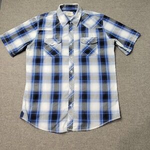 Ecko Unltd Shirt Mens Large Blue Black Plaid Short Sleeve Western Pearl Snap